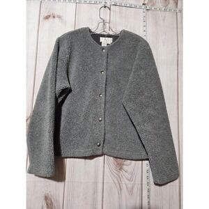 J Jill Sherpa‎ Fleece Jacket Womens Medium Gray Snap Front Corduroy Trim USA